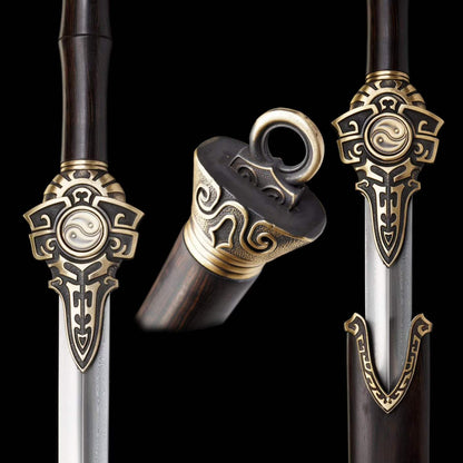 Two-Handed Sword Tiandao | Pattern Steel, Premium Ebony Wood Scabbard, Martial Arts Display, 130cm