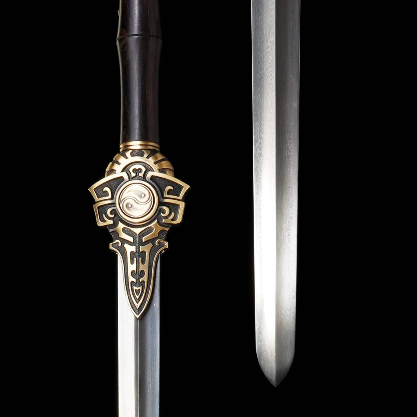 Two-Handed Sword Tiandao | Pattern Steel, Premium Ebony Wood Scabbard, Martial Arts Display, 130cm