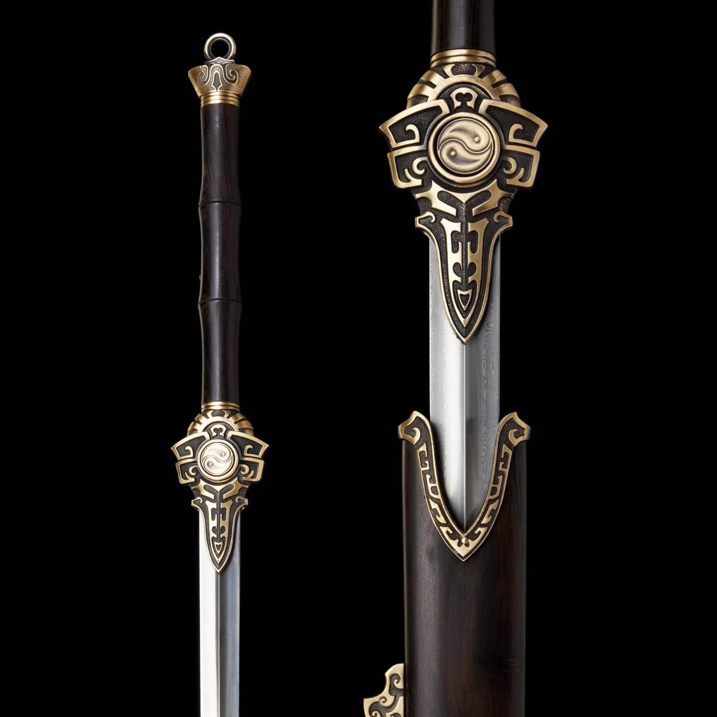 Two-Handed Sword Tiandao | Pattern Steel, Premium Ebony Wood Scabbard, Martial Arts Display, 130cm