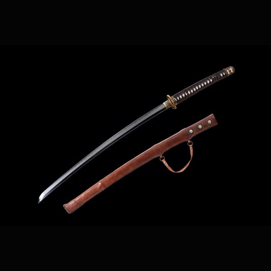 Type 95 Vintage Military Sword with Real Hamon | Full Tang Folded Pattern Steel Leather Scabbard 108cm