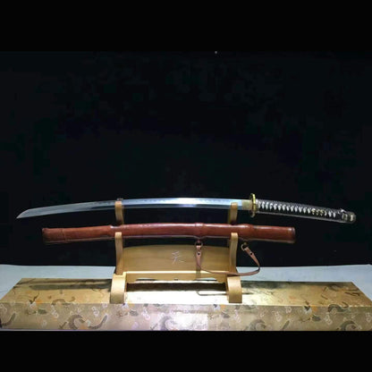 Vintage Military Collector Sword with Real Hamon | Full Tang Gomai Pattern Steel Genuine Leather Scabbard 108cm