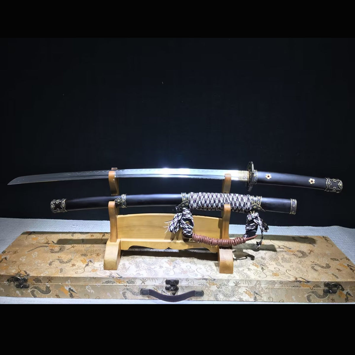 Wind and Cloud Tachi with Real Hamon | Full Tang Folded Pattern Steel Natural Ebony Wood Scabbard 102cm