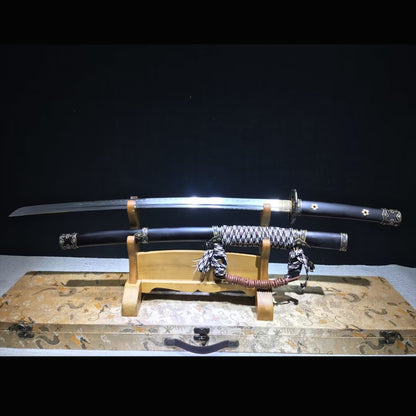 Wind and Cloud Tachi with Real Hamon | Full Tang Folded Pattern Steel Natural Ebony Wood Scabbard 102cm