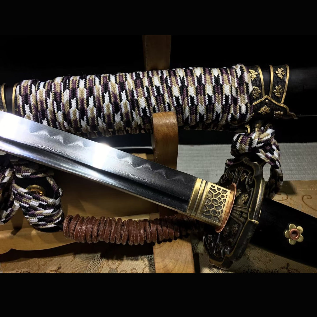 Wind and Cloud Tachi with Real Hamon | Full Tang Folded Pattern Steel Natural Ebony Wood Scabbard 102cm