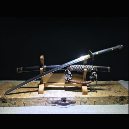 Wind and Cloud Tachi with Real Hamon | Full Tang Folded Pattern Steel Natural Ebony Wood Scabbard 102cm