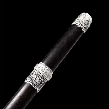 Peony Tang Short Sword · Damascus Steel Silver Peony Fittings (21in)