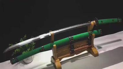 Green Pearl Rayskin Tachi with Real Hamon | Full Tang Feather Damascus Steel 103cm